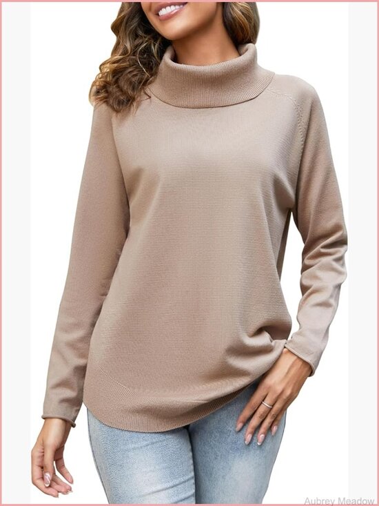 Sweaters - Oversized Turtleneck Pullover Sweater Soft Viscose Blend Long Sleeve Curved Hem